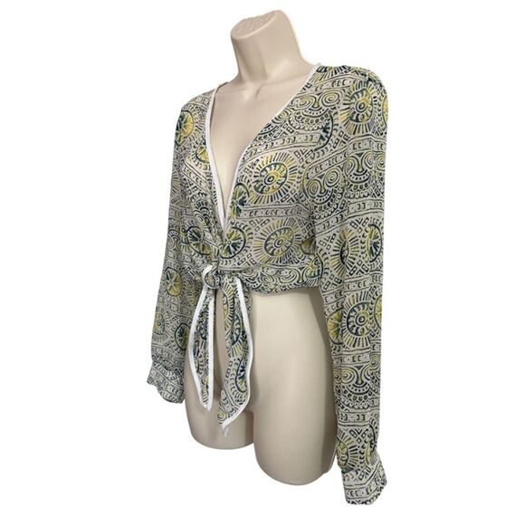 Body Central Sheer Green Graphic Print Tie Open Front Top Size M - Picture 7 of 10